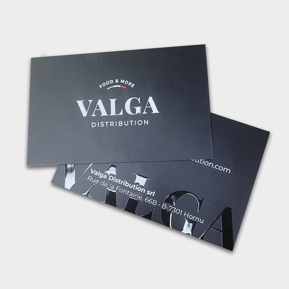 Cartes de visite Valga Distribution, recto et verso avec vernis sélectif
